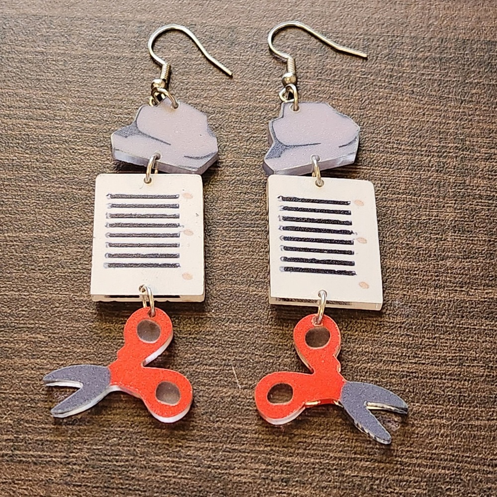 Rock Paper Scissors‎ Acrylic Dangle Earrings Red Gray White Novelty Teacher Gift